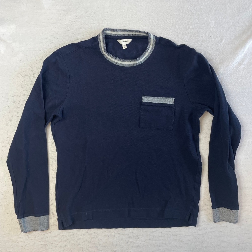 Club Monaco Long Sleeve Shirt Large Navy Blue Contrast Trim Pocket Crew Neck